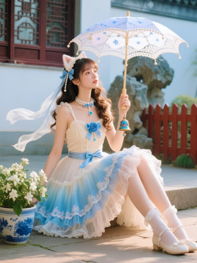 • 米白x雾霾蓝渐变裙：云朵感裙摆+蕾丝bling发光 • 甜度配件：猫耳发箍× 预览 1