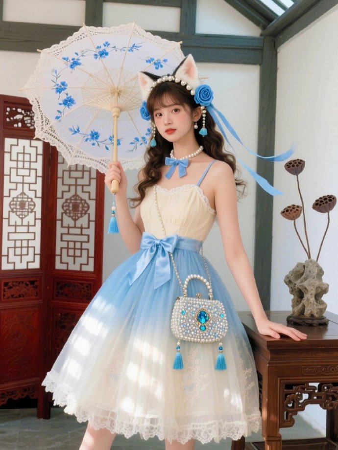• 米白x雾霾蓝渐变裙：云朵感裙摆+蕾丝bling发光 • 甜度配件：猫耳发箍× 预览 3
