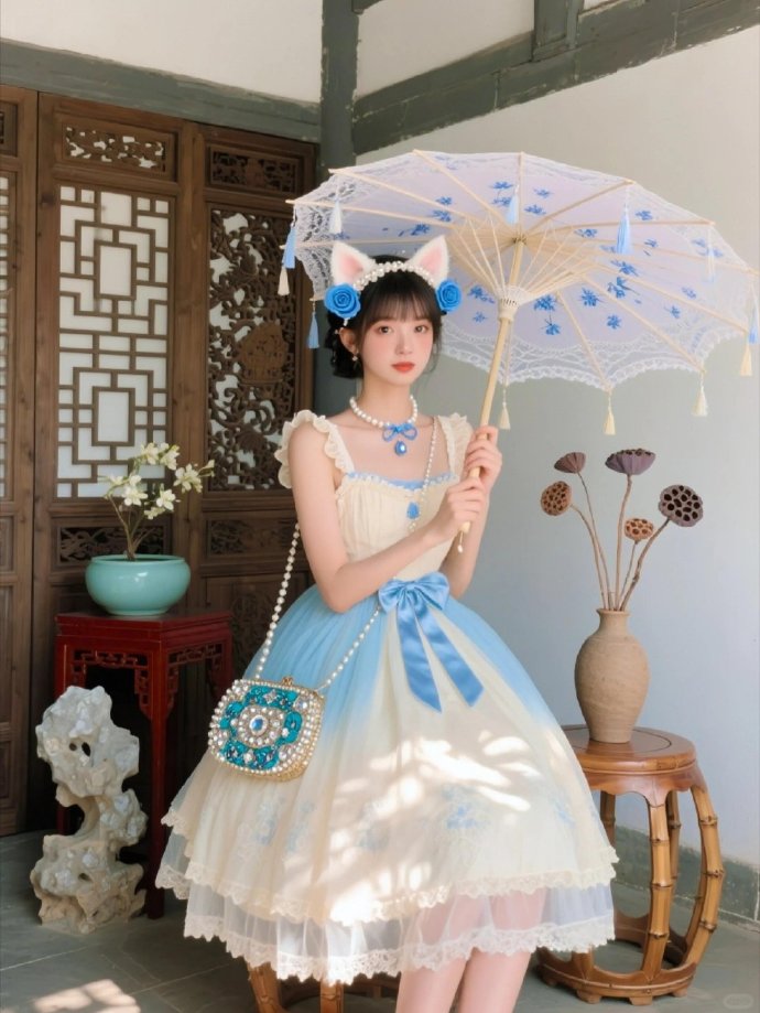 • 米白x雾霾蓝渐变裙：云朵感裙摆+蕾丝bling发光 • 甜度配件：猫耳发箍× 预览 4