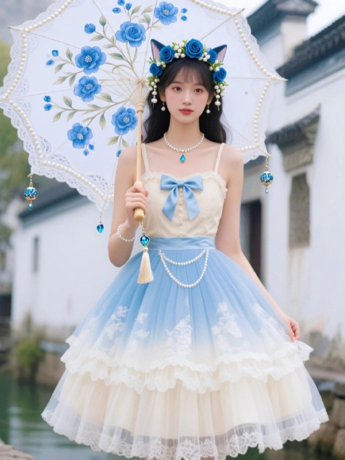• 米白x雾霾蓝渐变裙：云朵感裙摆+蕾丝bling发光 • 甜度配件：猫耳发箍× 预览 5