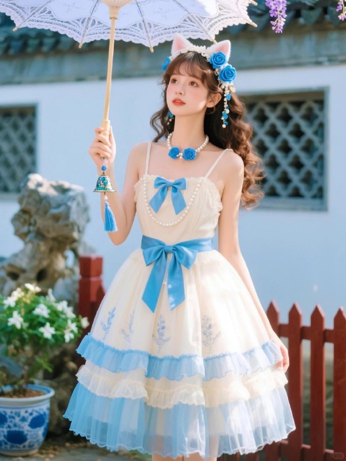 • 米白x雾霾蓝渐变裙：云朵感裙摆+蕾丝bling发光 • 甜度配件：猫耳发箍× 预览 6