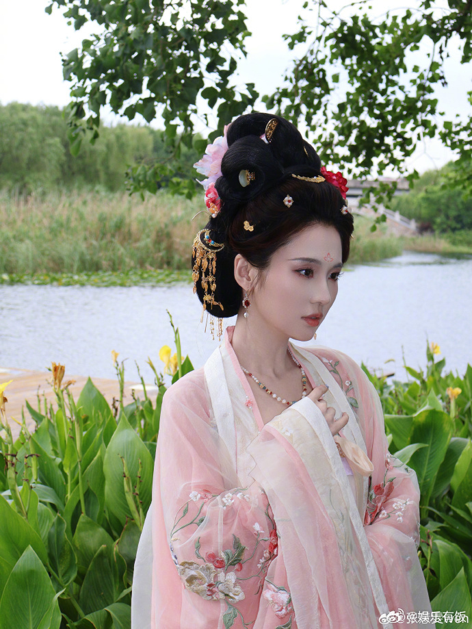 ## 张慧雯这组汉服图太有唐宋美人那味儿了！柔粉襦裙衬得气质温婉娴静，精致繁复的 预览 4